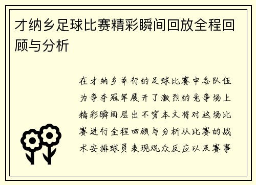 才纳乡足球比赛精彩瞬间回放全程回顾与分析